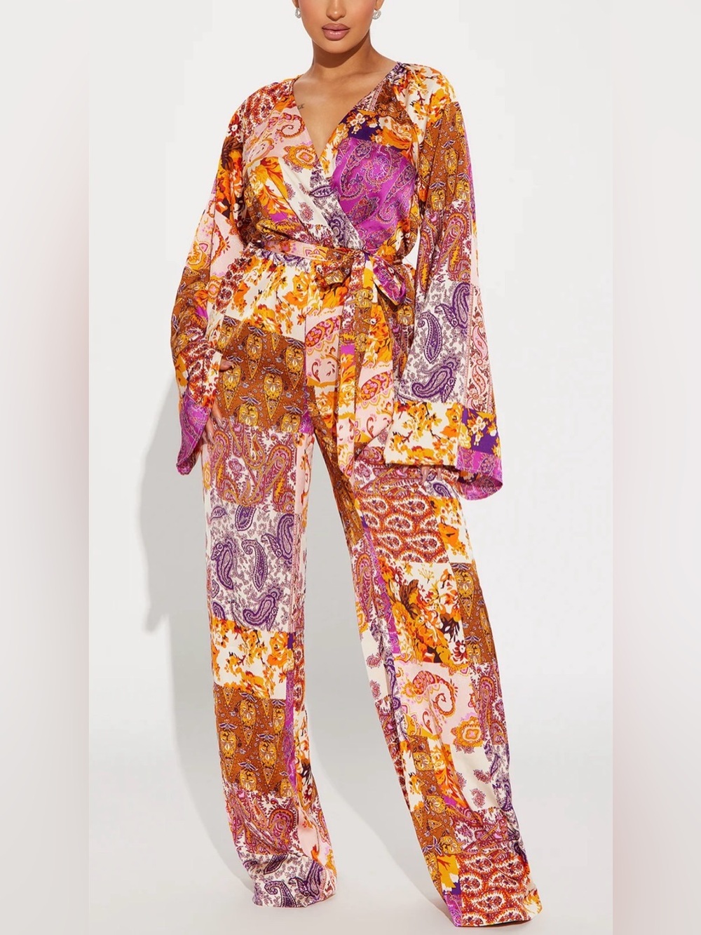 Fashion Nova Patchwork Paisley Wrap Jumpsuit in Pink, Orange & Purple